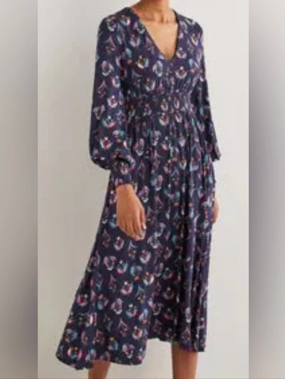Boden Smocked Jersey Midi Dress in Navy Floral Size 8 Regular